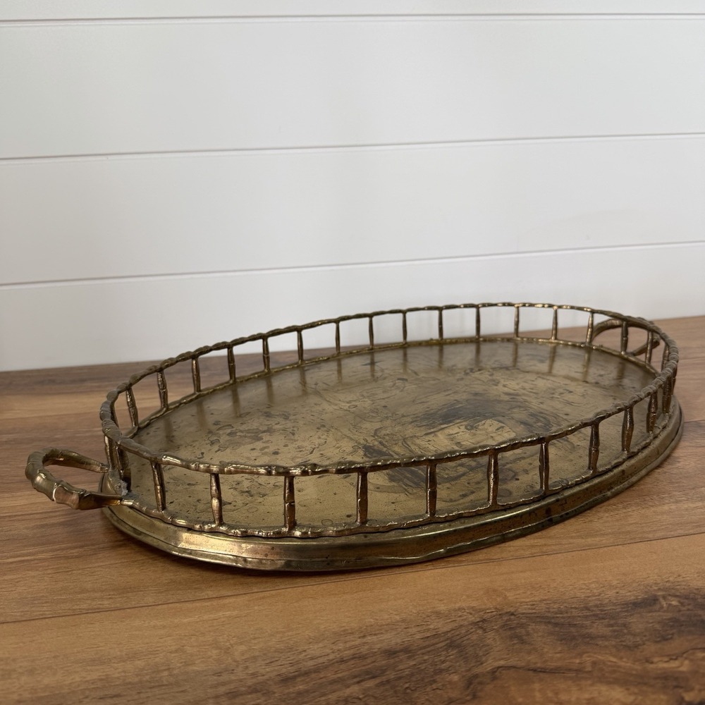 Vintage Brass Serving Tray Faux Bamboo Hollywood Regency Style Oval Large *Wear*